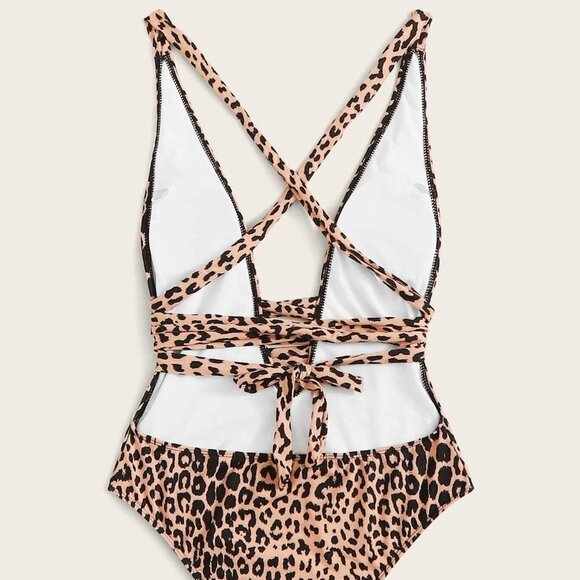 Leopard Print Criss Cross One Piece Swimsuit - Picture 3 of 4